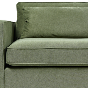 Divano in tessuto verde 3 posti con braccioli e gambe in legno stile moderno