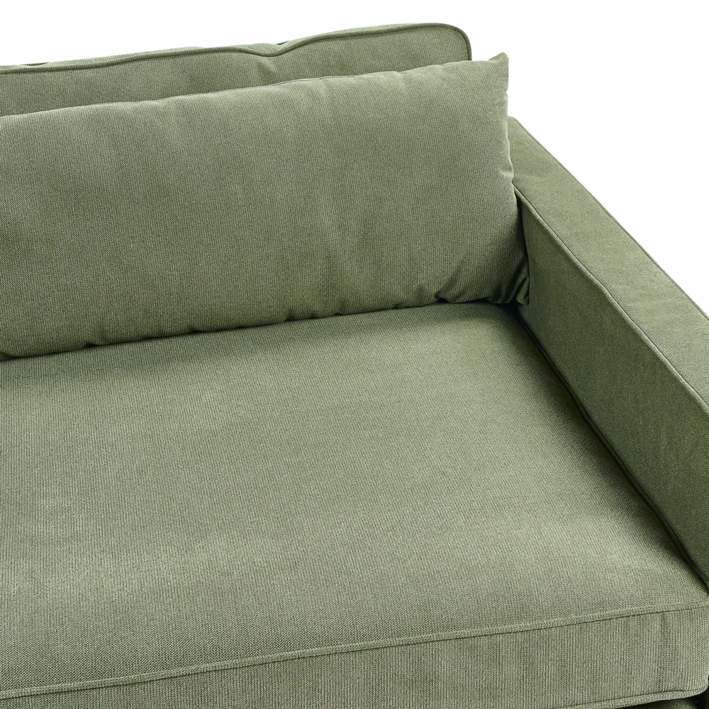 Divano in tessuto verde 3 posti con braccioli e gambe in legno stile moderno