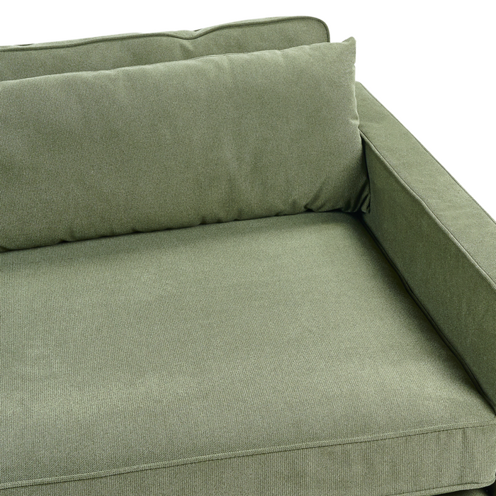 Divano in tessuto verde 3 posti con braccioli e gambe in legno stile moderno