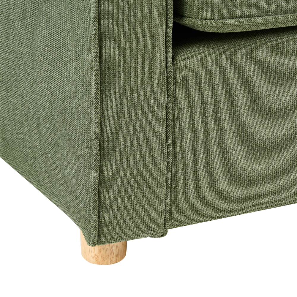 Divano in tessuto verde 3 posti con braccioli e gambe in legno stile moderno