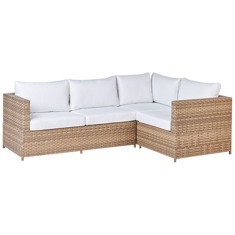 Set da giardino in rattan composto da divano angolare e tavolino in vetro con cuscini bianco sporco per esterno elegante