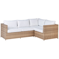 Set da giardino in rattan composto da divano angolare e tavolino in vetro con cuscini bianco sporco per esterno elegante