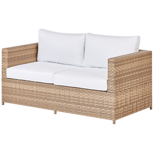 Set da giardino in rattan composto da divano angolare e tavolino in vetro con cuscini bianco sporco per esterno elegante