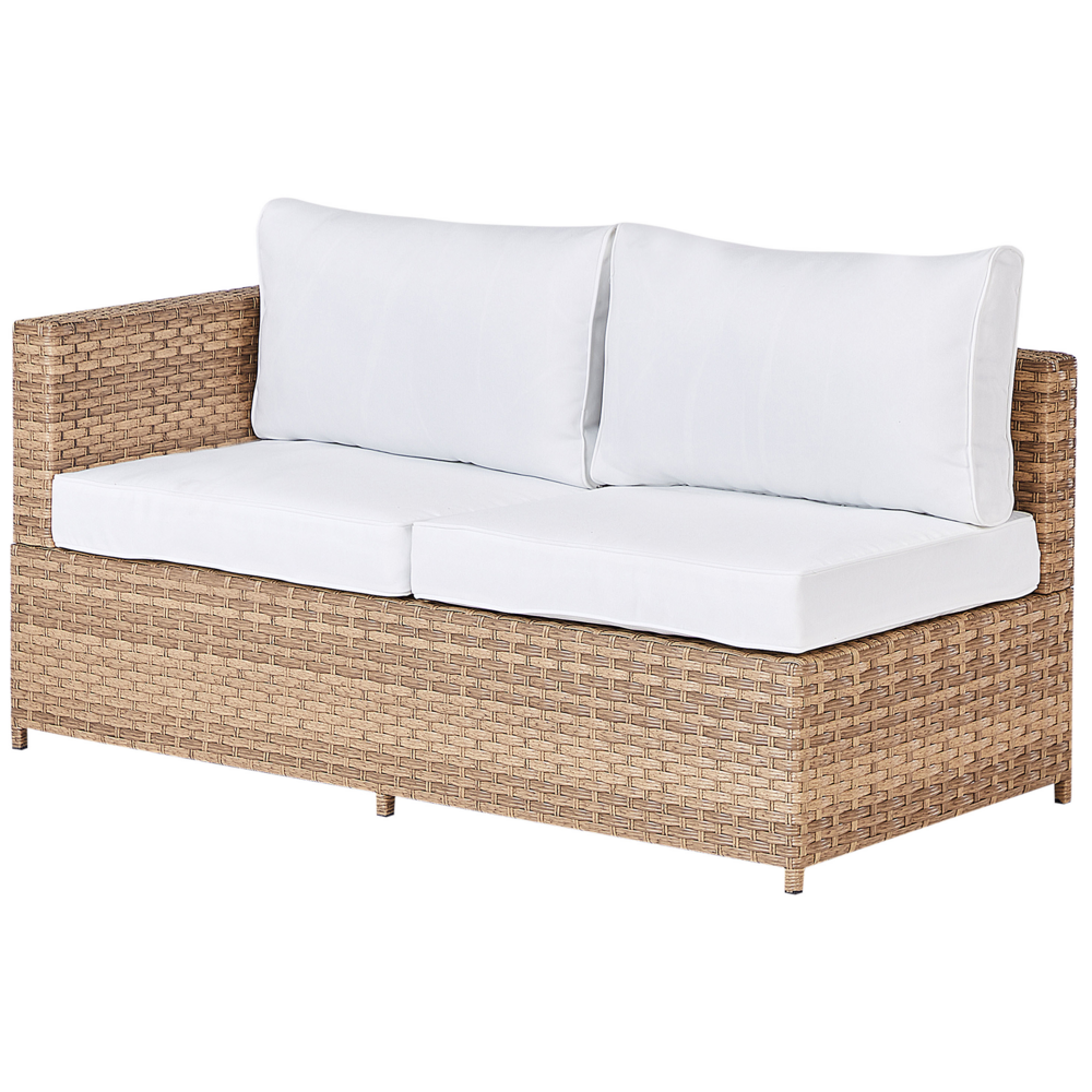 Set da giardino in rattan composto da divano angolare e tavolino in vetro con cuscini bianco sporco per esterno elegante