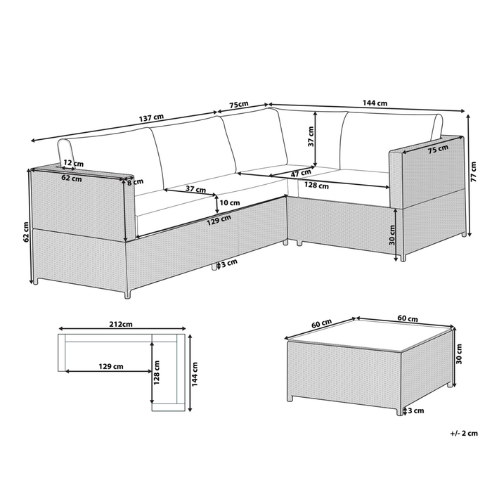 Set da giardino in rattan composto da divano angolare e tavolino in vetro con cuscini bianco sporco per esterno elegante