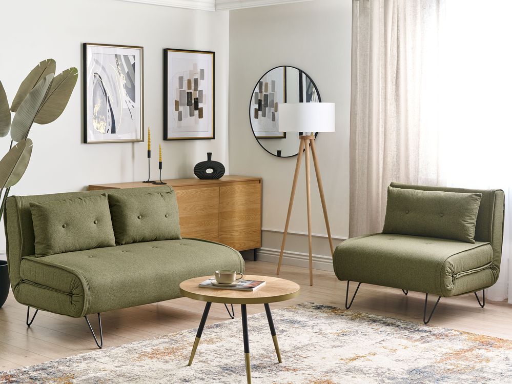 Set da salotto 3 posti con cuscini in tessuto verde oliva stile glamour elegante