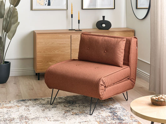 Divano letto singolo a 1 posto con cuscino in tessuto arancione senza braccioli con cuscino gambe in metallo glamour