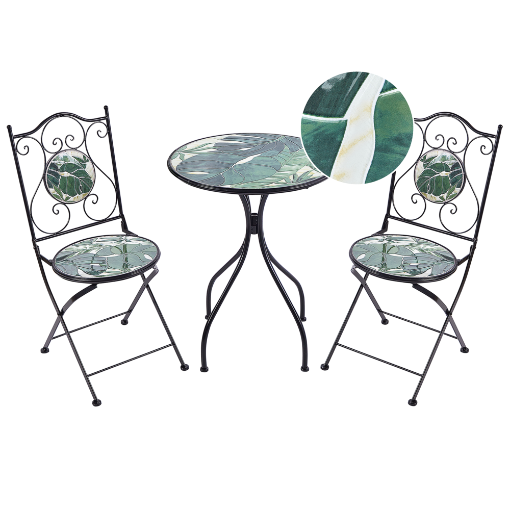 Set bistrot da giardino in metallo nero con motivo a mosaico verde e struttura in ferro stile vintage