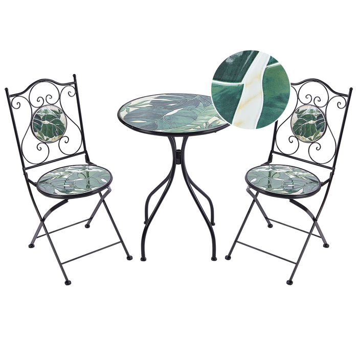 Set bistrot da giardino in metallo nero con motivo a mosaico verde e struttura in ferro stile vintage