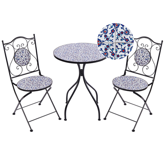 Set da bistrot da giardino in metallo nero con motivo a mosaico blu e telaio in ferro stile vintage