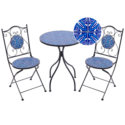 Set da bistrot da giardino in metallo nero con motivo a mosaico blu e struttura in ferro stile vintage esterno