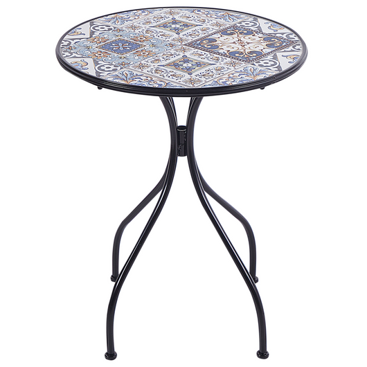 Tavolo da bistrot per esterni in metallo con piano in mosaico e struttura in ferro nero stile vintage