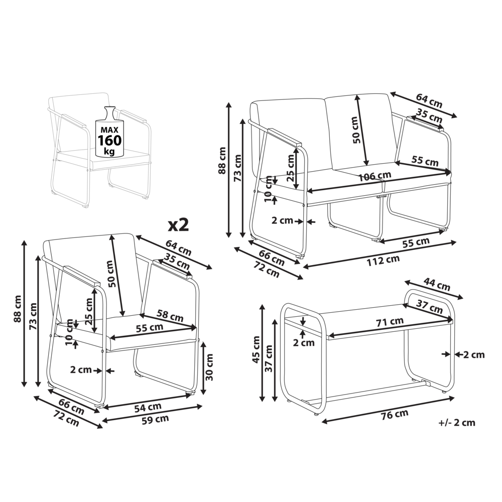 Set da giardino 4 posti in acciaio con tavolo grigio stile industriale