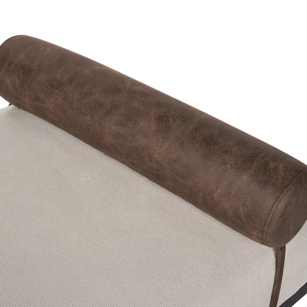 Chaise longue in lino sintetico ecopelle beige e marrone scuro con gambe nere in ferro stile elegante