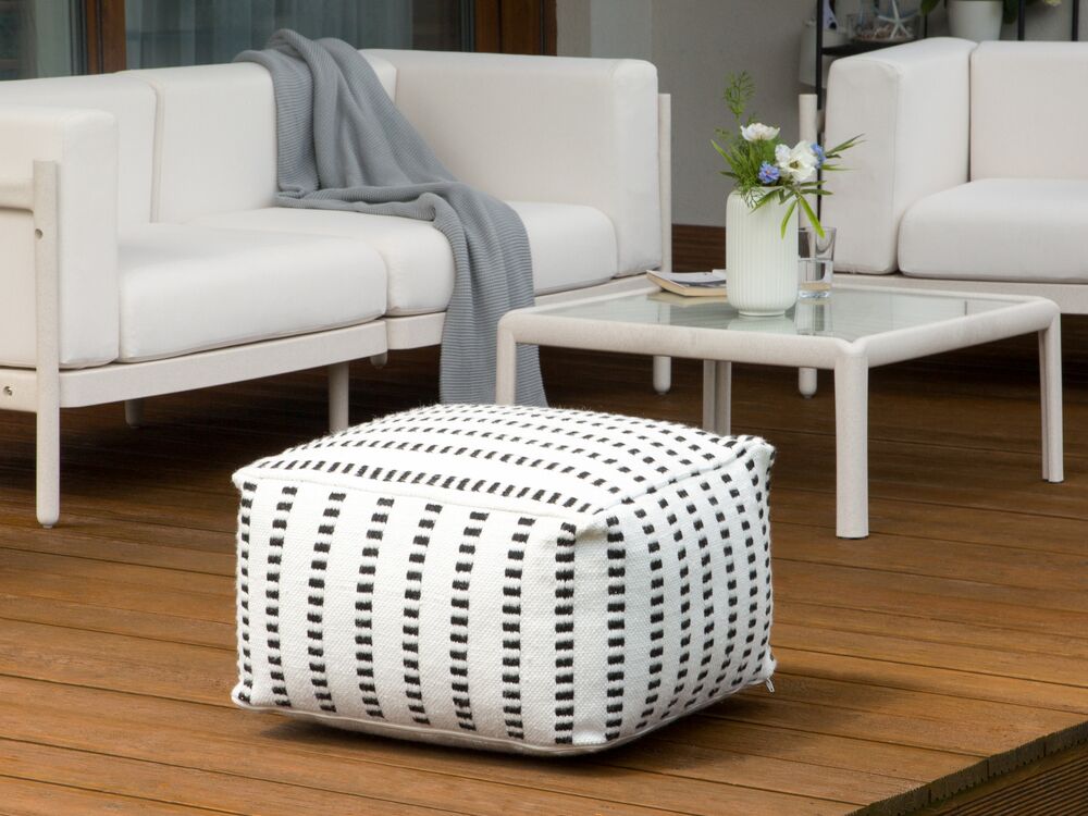 Pouf da giardino in materiale sintetico bianco e nero quadrato 50 x 50 x 30 cm Pouf da esterno intrecciato a mano in stile Boho