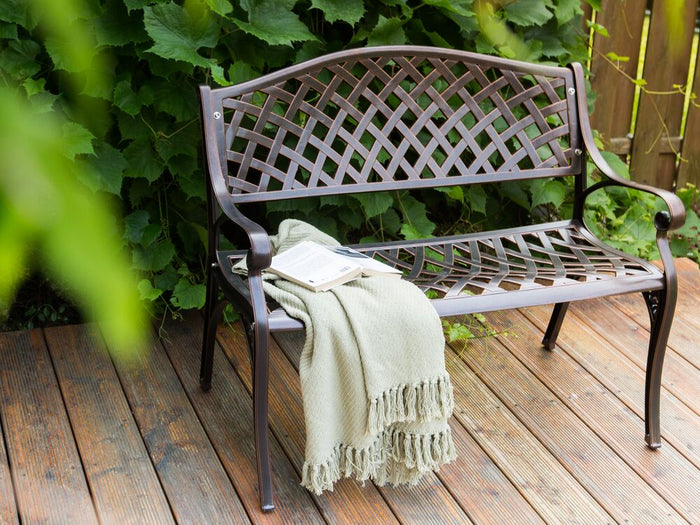 Panchina da giardino marrone in metallo 2 posti braccioli stile vintage