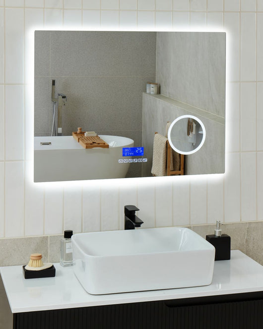Specchio da bagno illuminato a LED rettangolare 60 x 80 cm Glamour con altoparlante Bluetooth Lente di ingrandimento