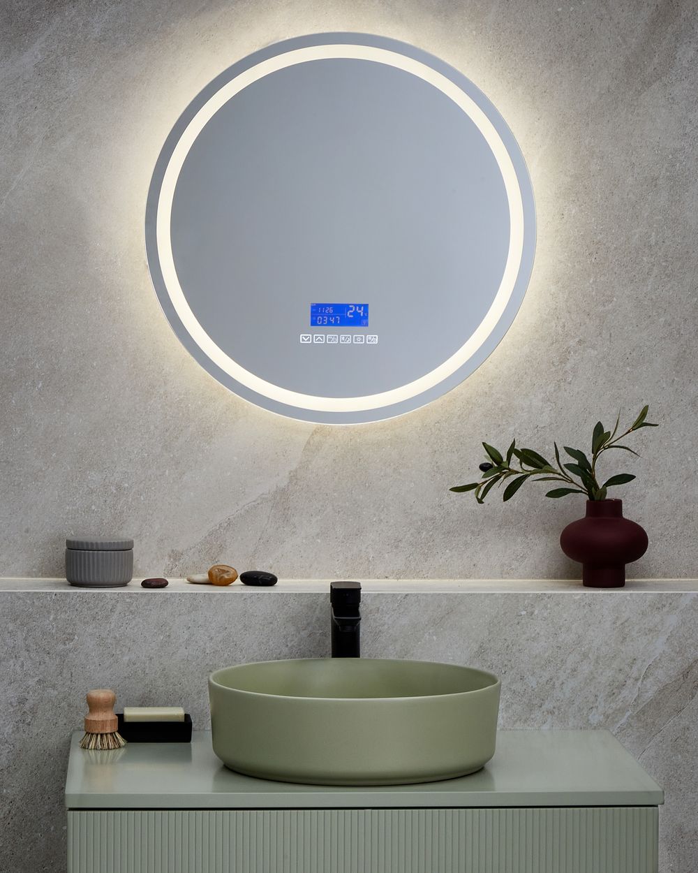 Specchio da bagno a LED argento rotondo con altoparlante Bluetooth 60 x 60 cm stile elegante