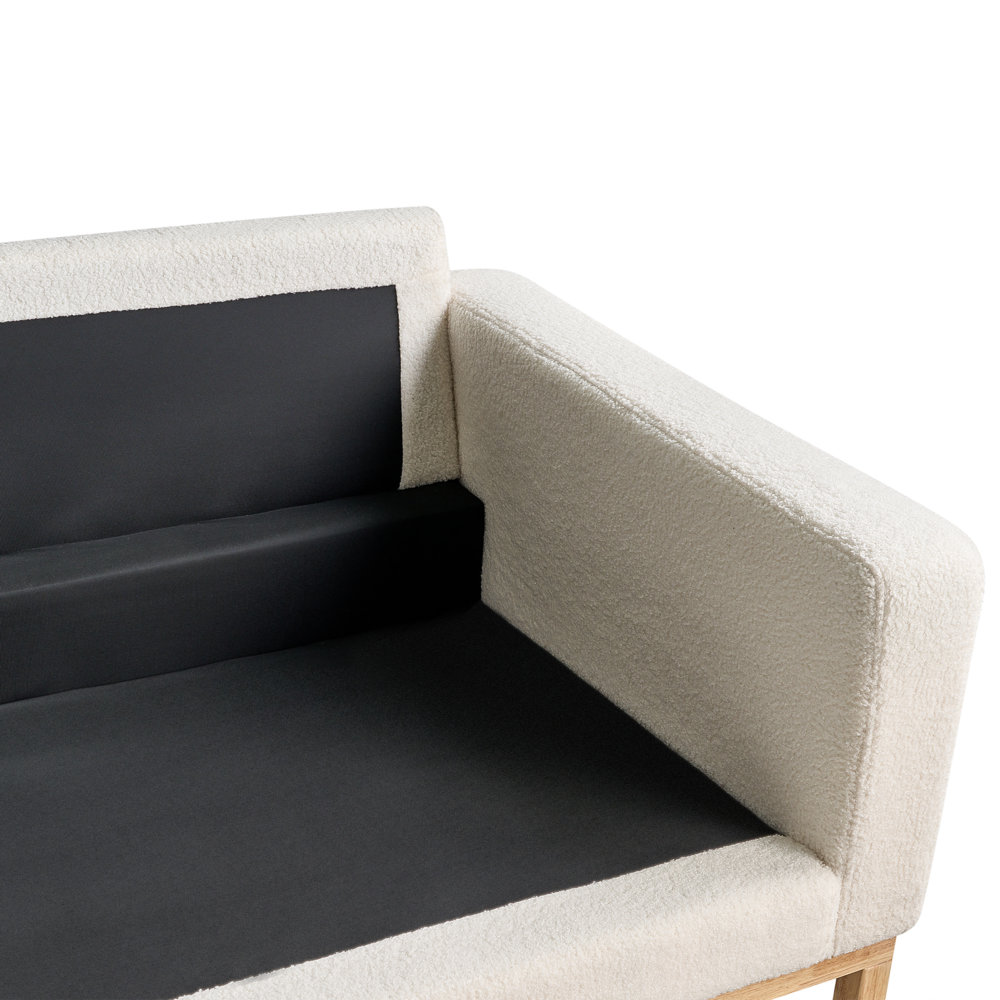 Divano 3 posti in tessuto bouclè bianco con gambe in legno chiaro soggiorno stile moderno