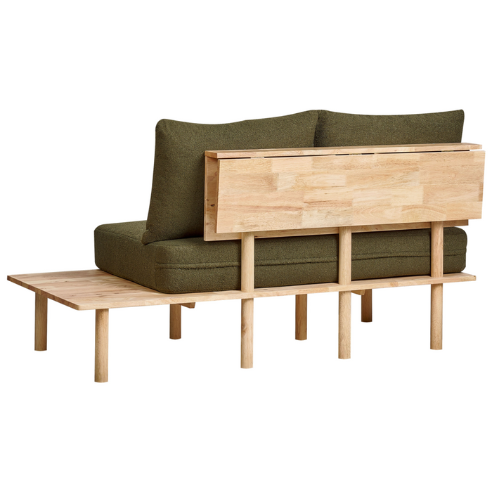 Divano 2 posti in tessuto di bouclè verde scuro con tavolo con bottoni capitonnè con due sostegni