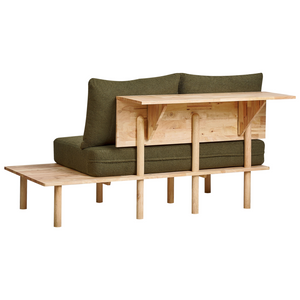 Divano 2 posti in tessuto di bouclè verde scuro con tavolo con bottoni capitonnè con due sostegni