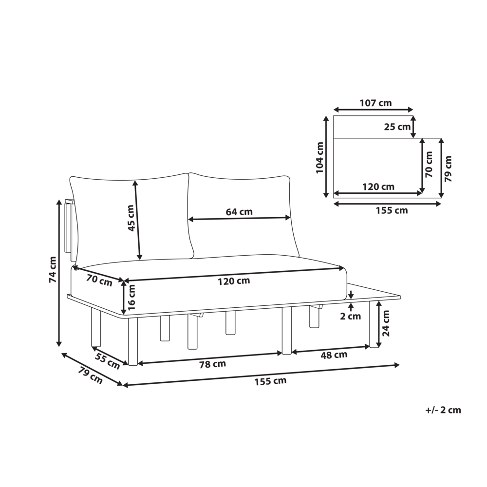Divano 2 posti in tessuto di bouclè beige con tavolo con bottoni capitonnè con due sostegni