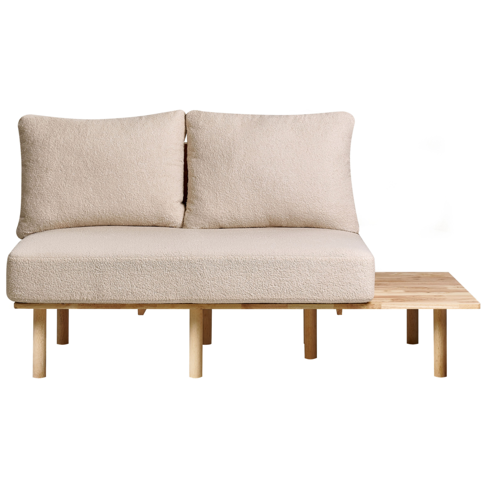 Divano 2 posti in tessuto di bouclè beige con tavolo con bottoni capitonnè con due sostegni