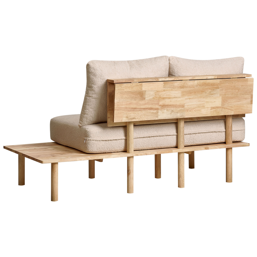 Divano 2 posti in tessuto di bouclè beige con tavolo con bottoni capitonnè con due sostegni