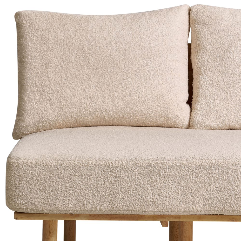 Divano 2 posti in tessuto di bouclè beige con tavolo con bottoni capitonnè con due sostegni