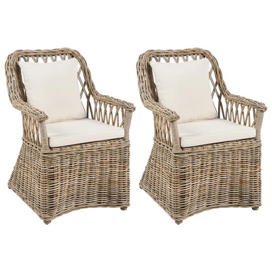 Poltrona da giardino in rattan naturale con cuscini dello schienale in cotone bianco sporco per interni ed esterni