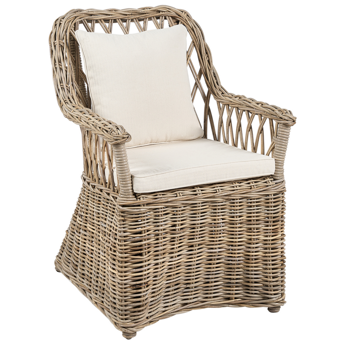 Poltrona da giardino in rattan naturale con cuscini dello schienale in cotone bianco sporco per interni ed esterni