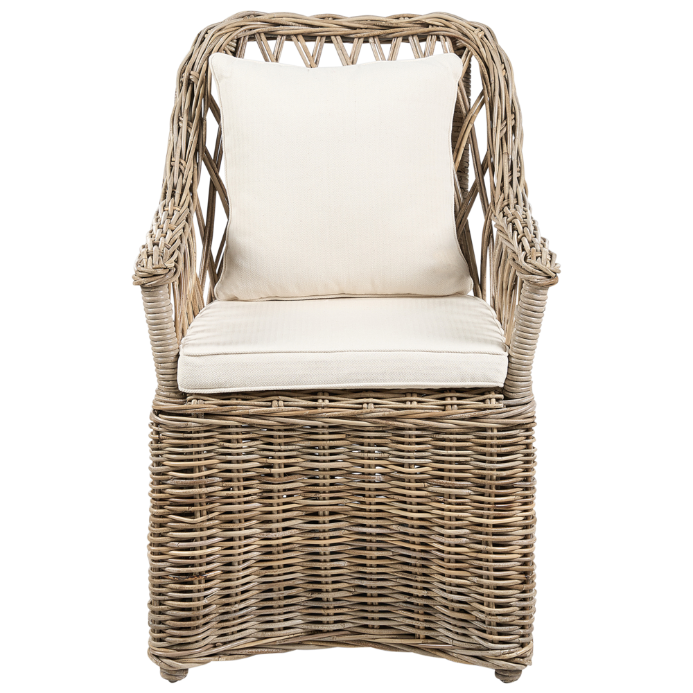 Poltrona da giardino in rattan naturale con cuscini dello schienale in cotone bianco sporco per interni ed esterni