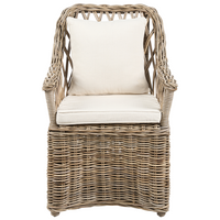 Poltrona da giardino in rattan naturale con cuscini dello schienale in cotone bianco sporco per interni ed esterni