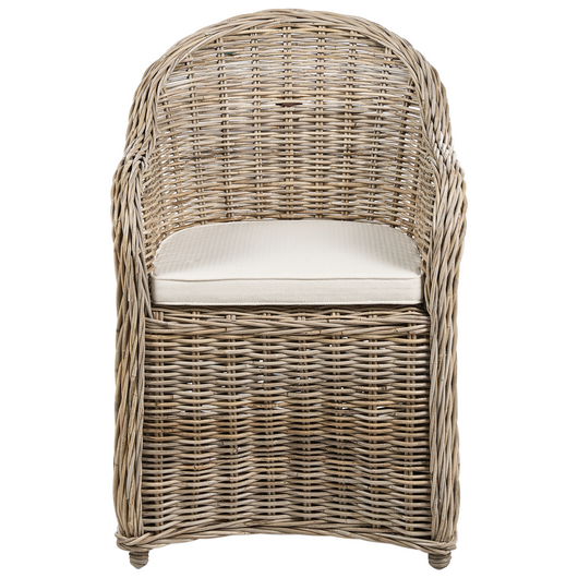 Poltrona da giardino in rattan naturale con cuscino di seduta in cotone bianco sporco per interni ed esterni