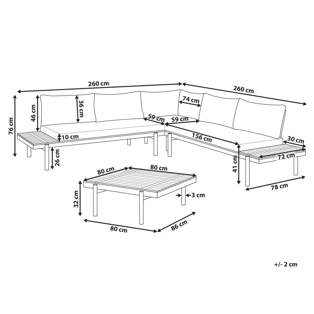 Set di divani angolari da giardino a 5 posti Tavolino in legno di eucalipto Cuscini bianchi con Tavolino