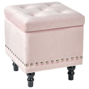 Pouf contenitore in velluto rosa pastello poggiapiedi classico con rivestimento a testa di chiodo trapuntato