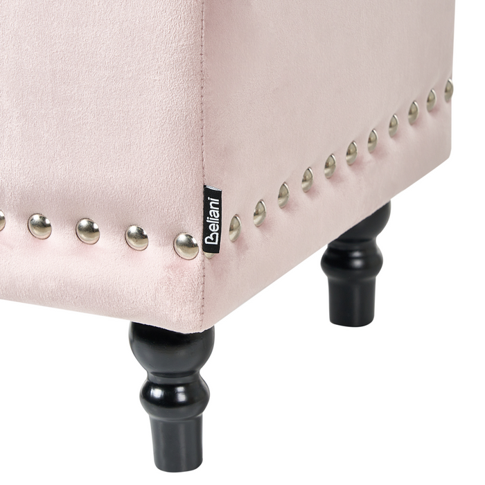 Pouf contenitore in velluto rosa pastello poggiapiedi classico con rivestimento a testa di chiodo trapuntato