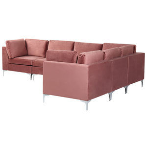 Divano componibile ad angolo versione sinistra in velluto rosa 6 posti a forma di L con gambe in metallo argento stile glamour