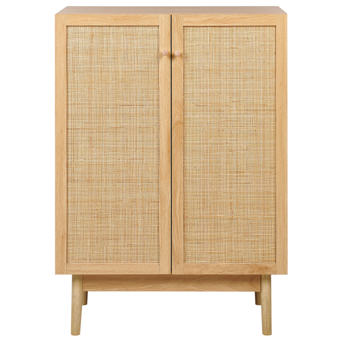 Credenza a 2 ante e 2 ripiani in truciolato di pino chiaro con fronte in rattan stile boho rustico