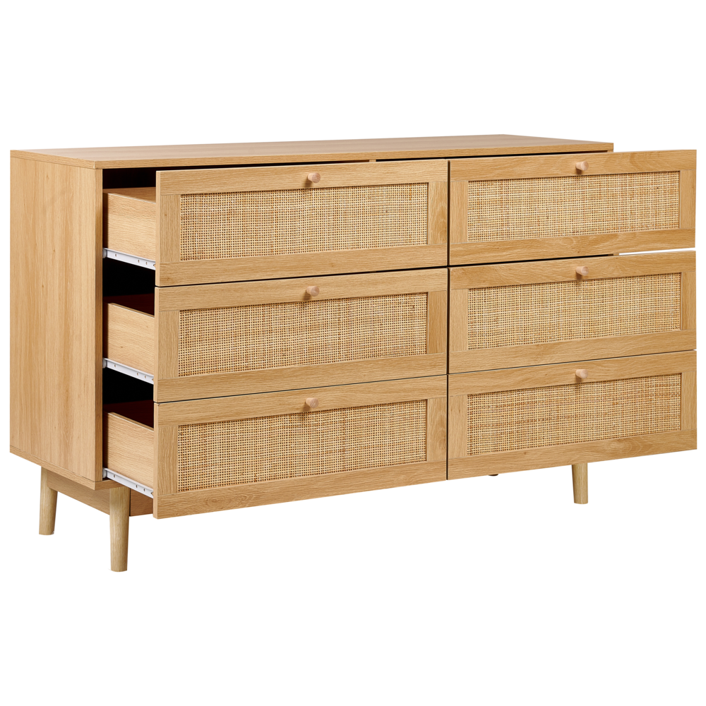 Cassettiera a 6 cassetti in truciolato con frontale in rattan stile boho