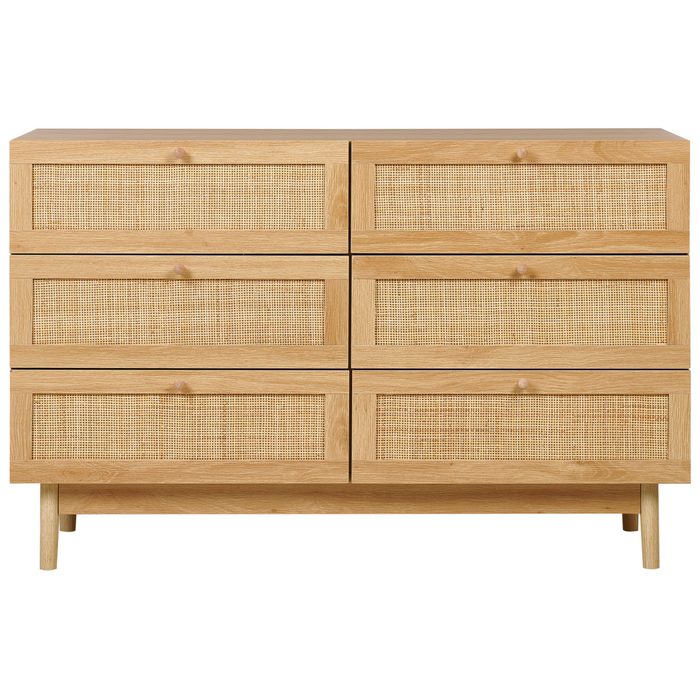 Cassettiera a 6 cassetti in truciolato con frontale in rattan stile boho