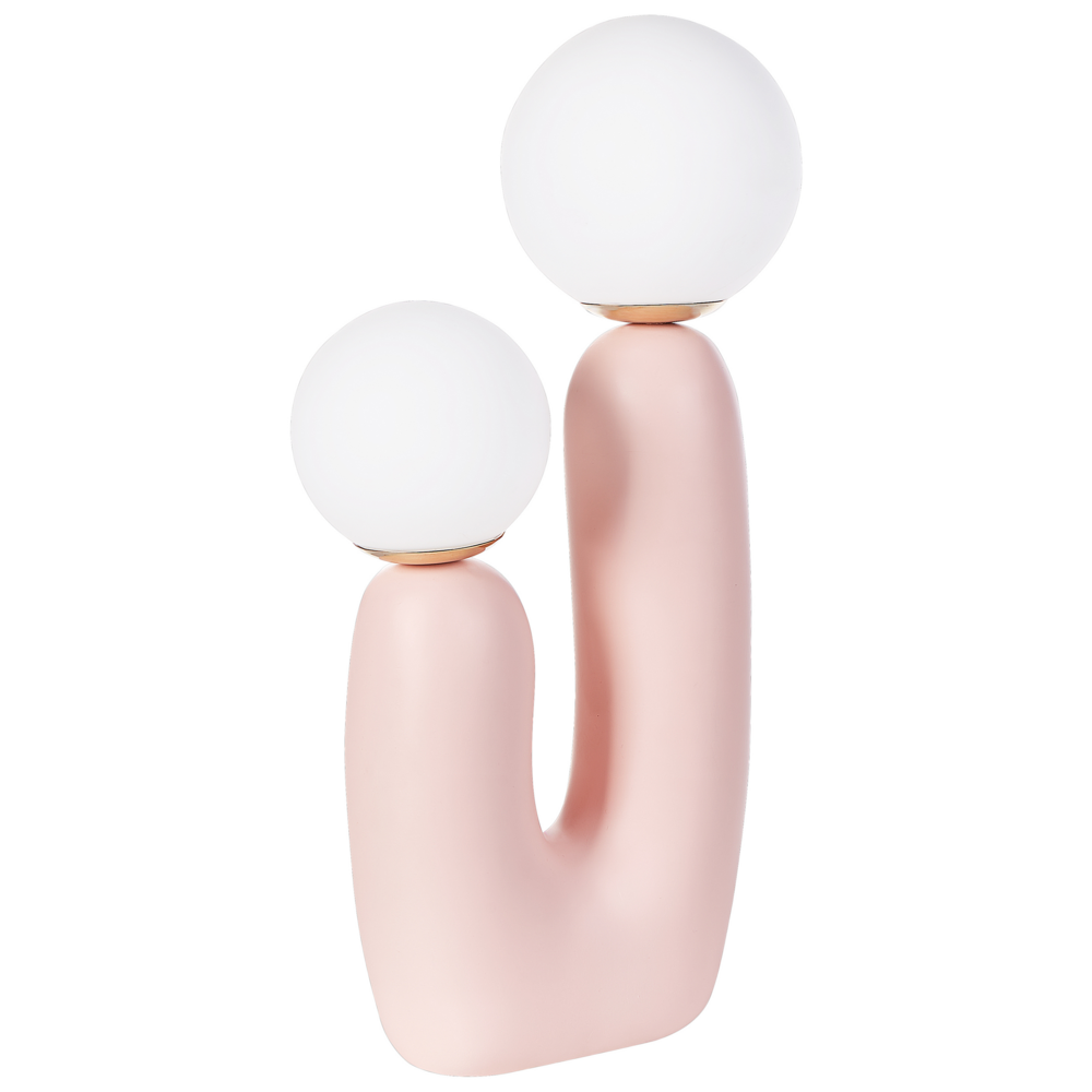 Lampada da tavolo Base in resina rosa Paralumi in vetro rotondi Doppio paralume Base a U