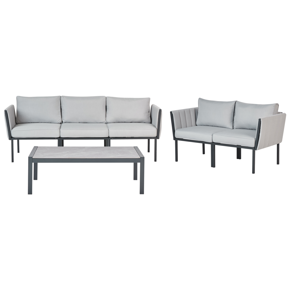 Set da giardino 5 posti con divano 2 poltrone grigio chiaro in acciaio con Cuscini