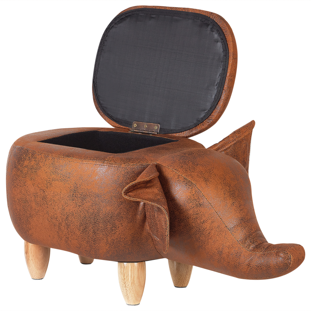 Sgabello per bambini Animale Elefante con contenitore in ecopelle marrone gambe in legno Poggiapiedi per la scuola materna