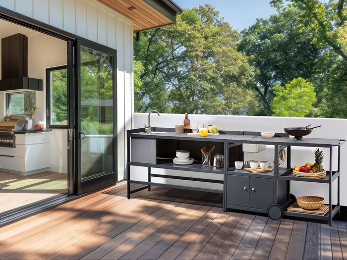 Set cucina da esterno 3 elementi in acciaio grigio 2 armadietti portaoggetti e lavello leva cucino da esterno