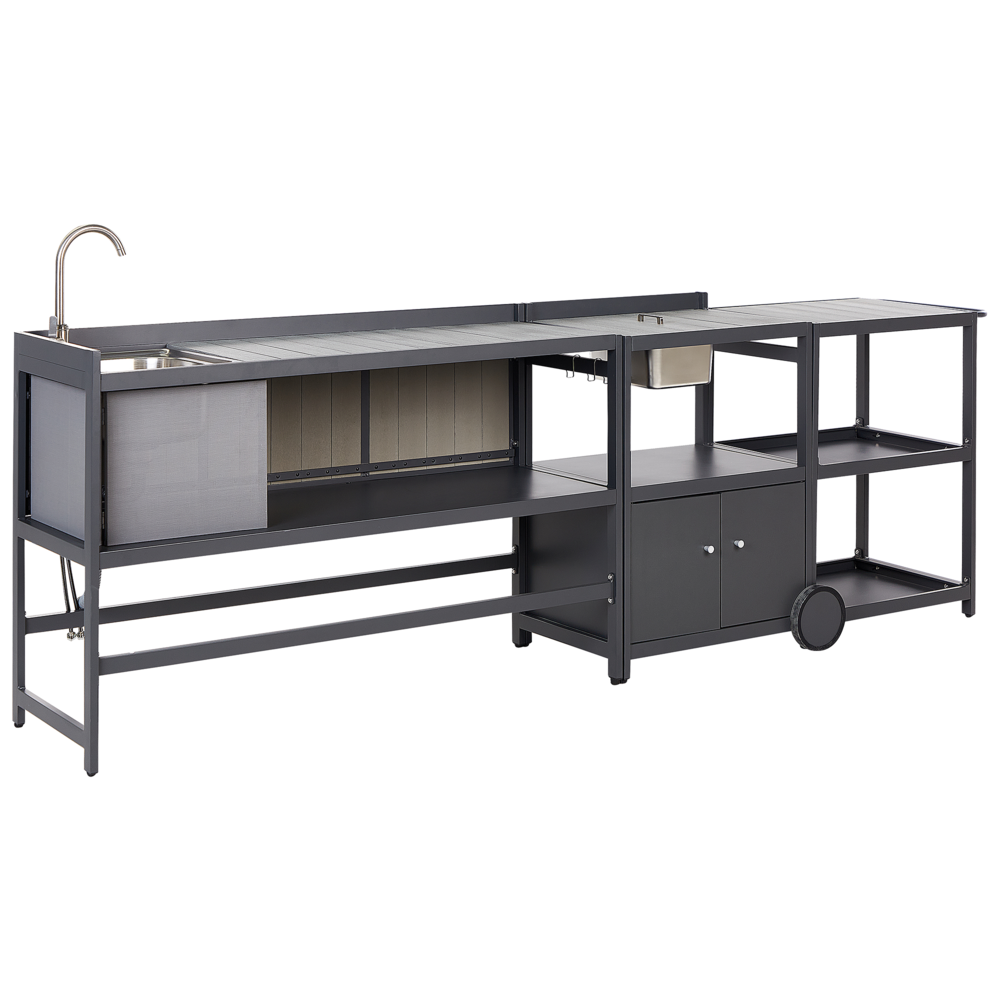 Set cucina da esterno 3 elementi in acciaio grigio 2 armadietti portaoggetti e lavello leva cucino da esterno