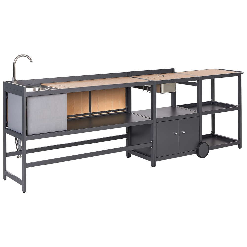 Set cucina da esterno 3 elementi in acciaio legno naturale 2 armadietti portaoggetti e lavello leva cucino da esterno