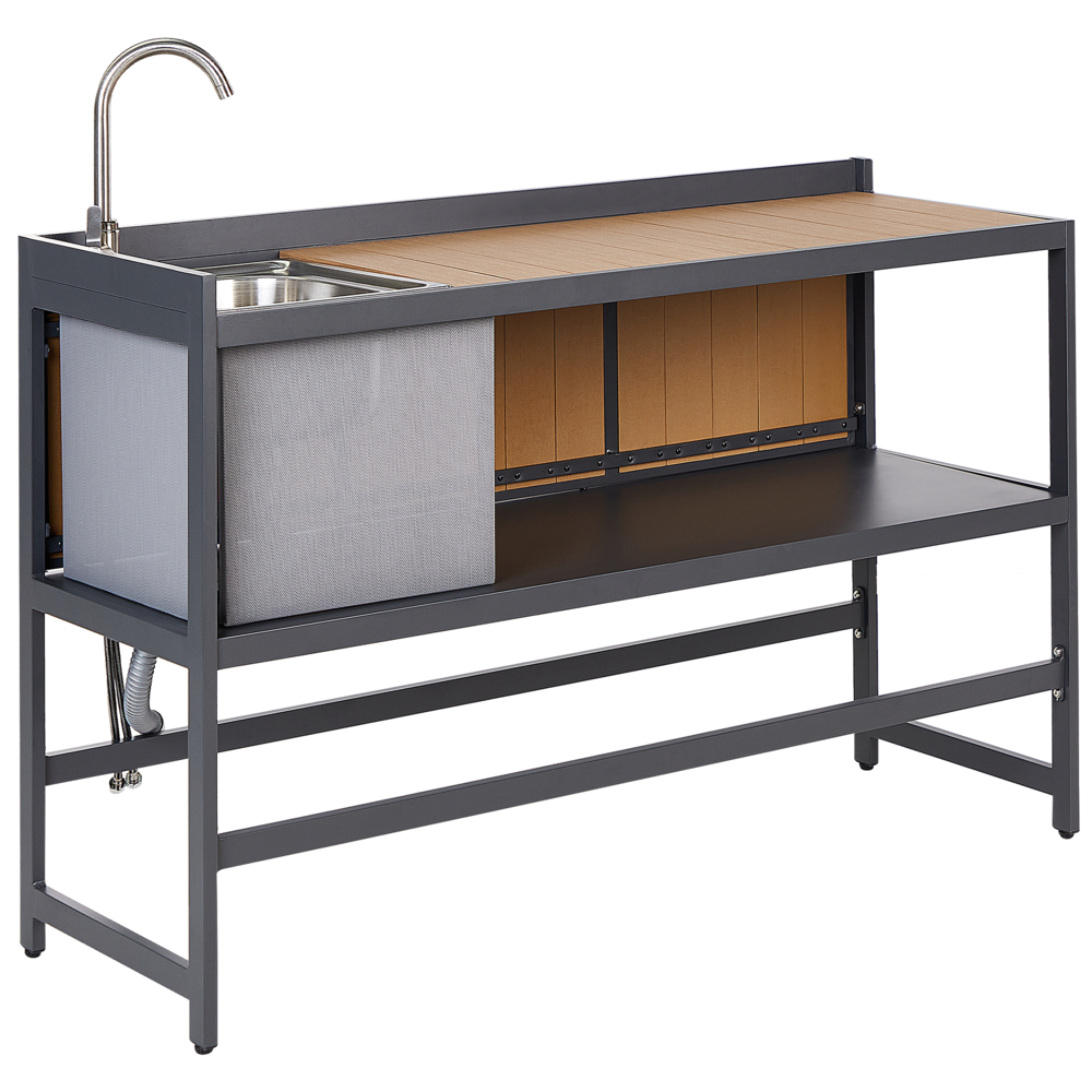 Set cucina da esterno 3 elementi in acciaio legno naturale 2 armadietti portaoggetti e lavello leva cucino da esterno