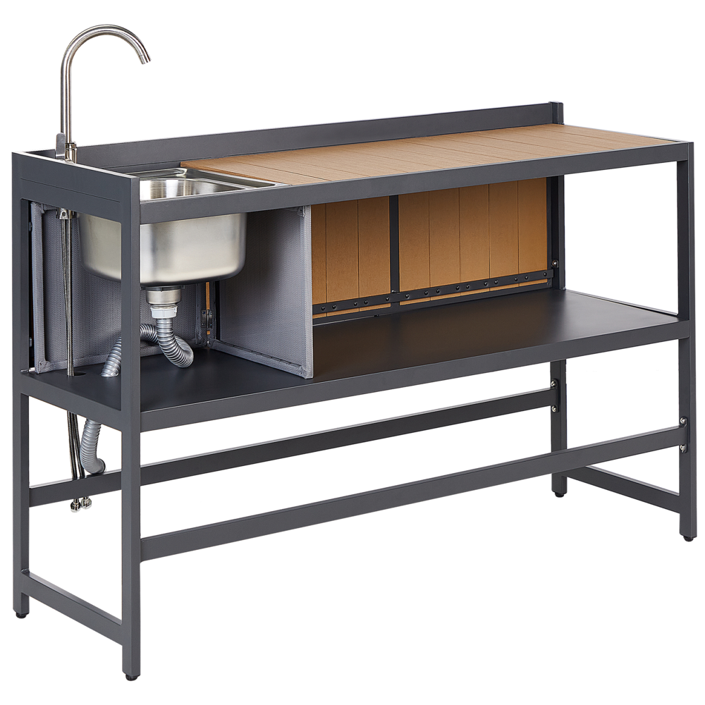 Set cucina da esterno 3 elementi in acciaio legno naturale 2 armadietti portaoggetti e lavello leva cucino da esterno