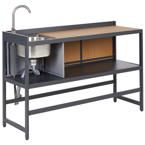 Set cucina da esterno 3 elementi in acciaio legno naturale 2 armadietti portaoggetti e lavello leva cucino da esterno